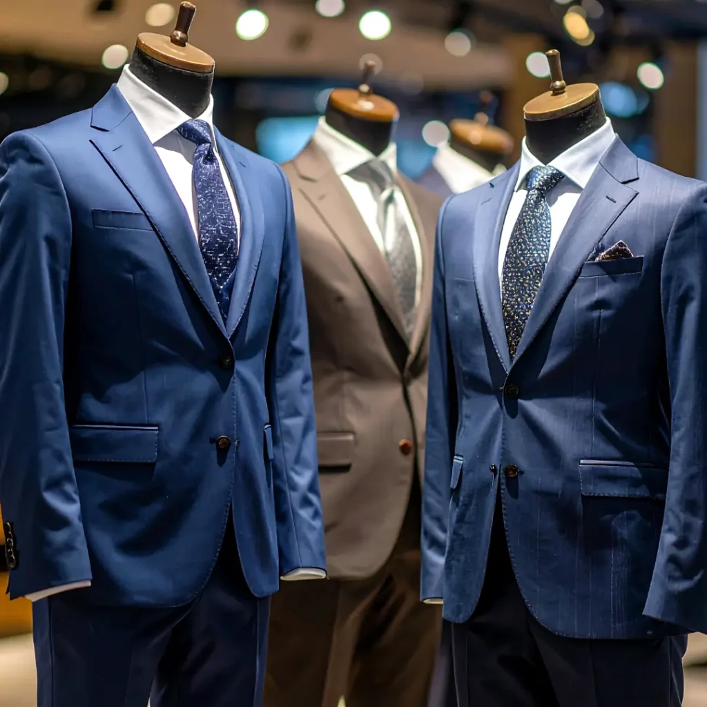 Elegant display of blue and brown bespoke suits tailored to perfection at Vinny’s Custom Clothes Los Angeles