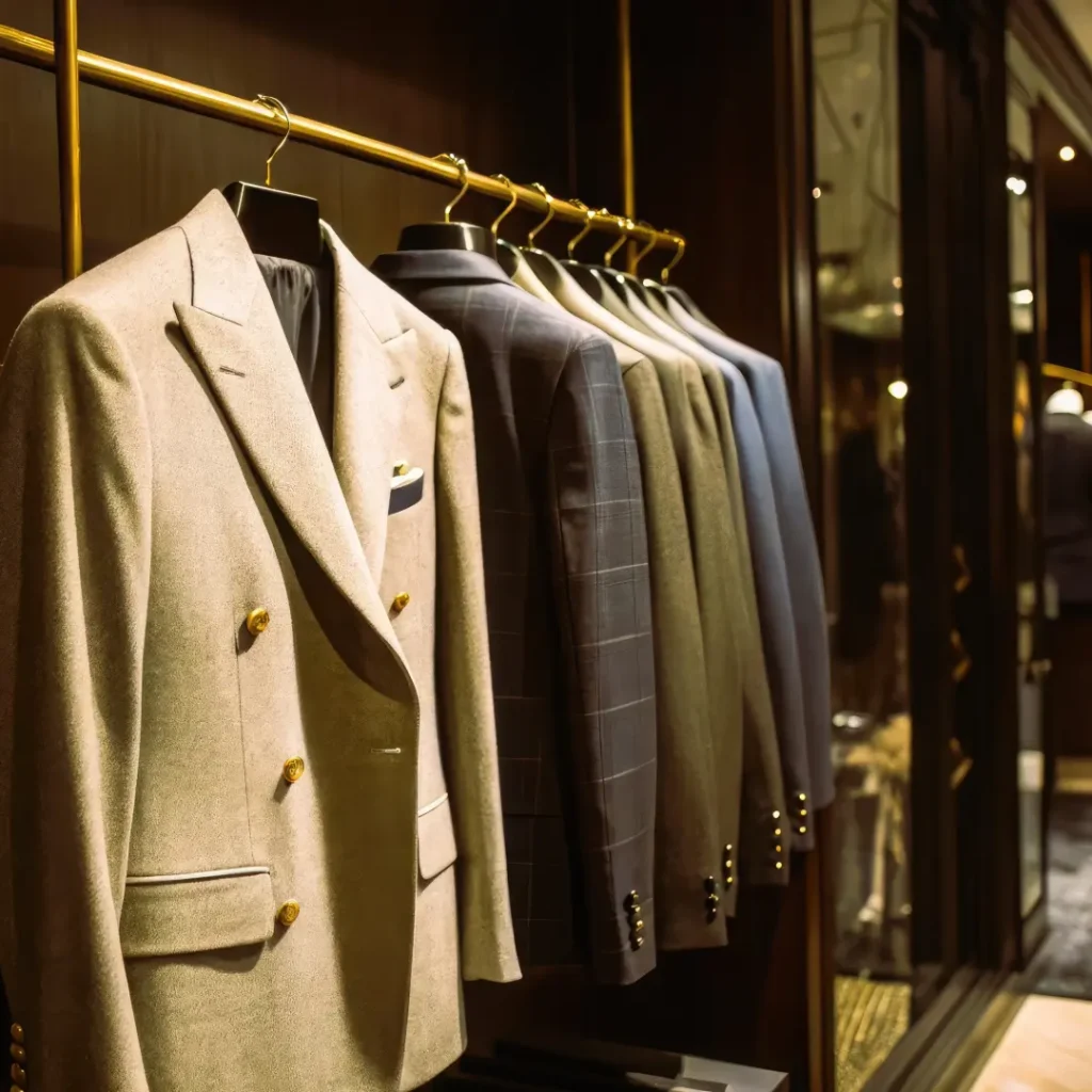 Row of custom blazers and sport coats in beige, gray, and blue tones at Vinny’s Custom Clothes Los Angeles