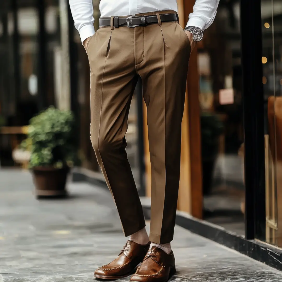 Man wearing tailored brown custom pants with matching leather belt and loafers from Vinny’s Custom Clothes Los Angeles
