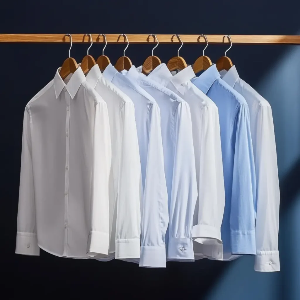 Selection of light blue and white custom fitted shirts displayed on hangers at Vinny’s Custom Clothes Los Angeles