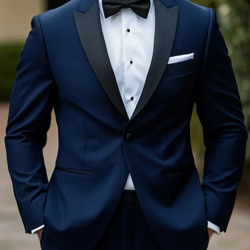 Man wearing a navy blue custom tuxedo with black satin lapels and bow tie from Vinny’s Custom Clothes Los Angeles