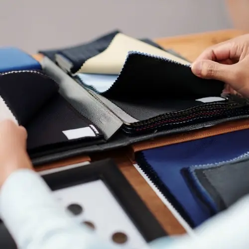 Tailor reviewing premium fabric swatches in navy and charcoal for custom made suits at Vinny’s Custom Clothes Los Angeles