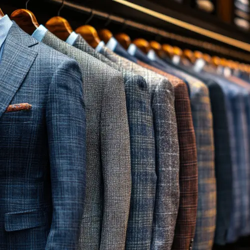 Row of finished custom suits in various fabrics and colors ready for final fitting and delivery at Vinny’s Custom Clothes Los Angeles