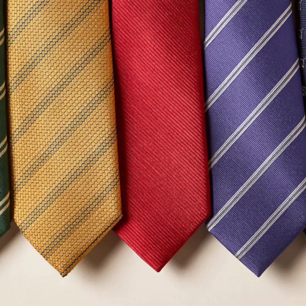 Collection of men’s ties in gold, red, and blue tones showcasing luxury accessories from Vinny’s Custom Clothes Los Angeles