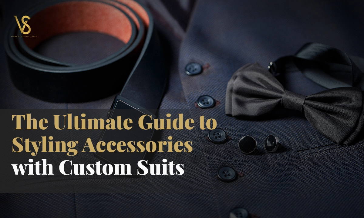 Elegant men’s suit accessories including a leather belt, bow tie, cufflinks, and dress shirt laid out on dark fabric